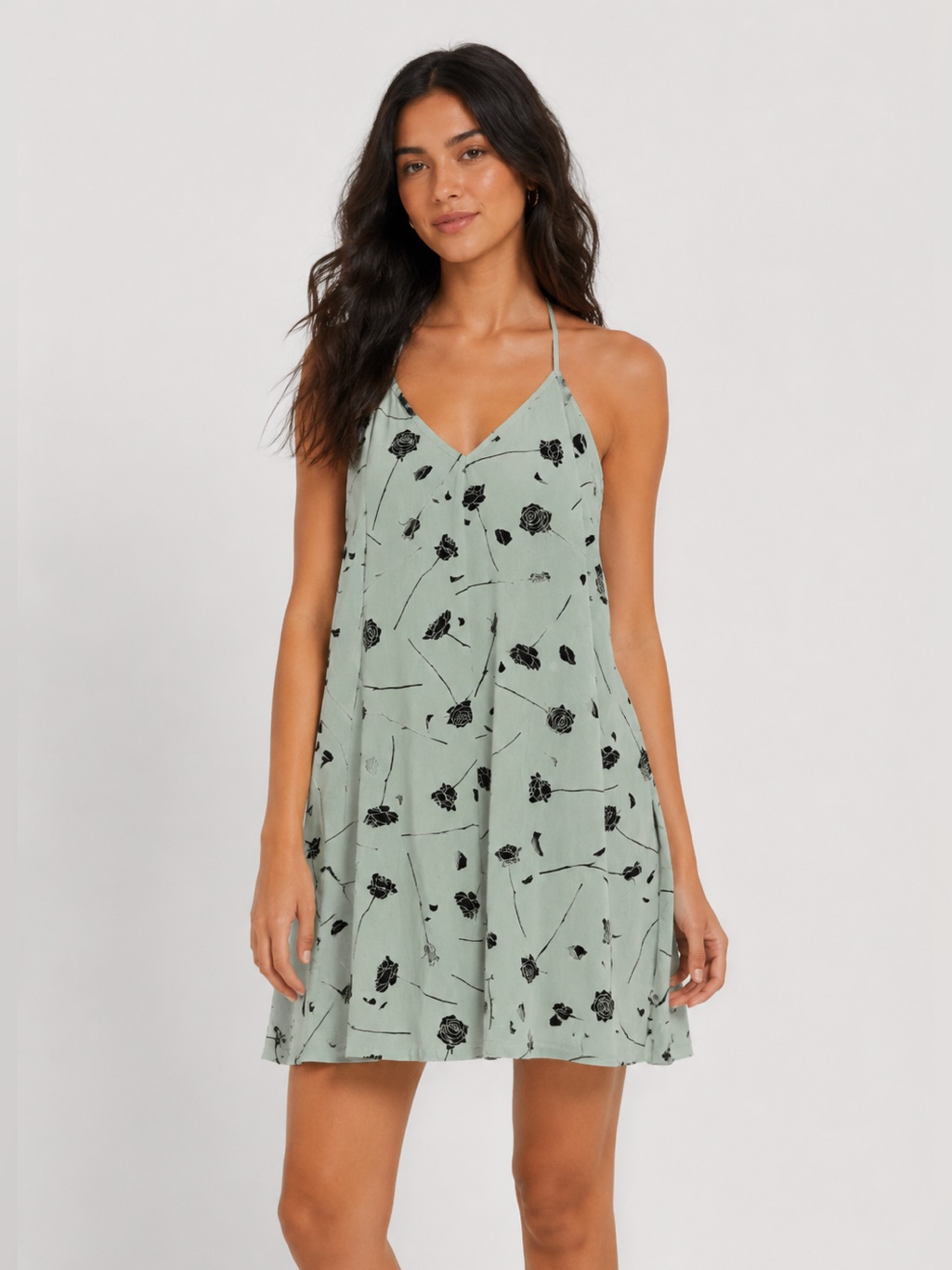 Rvca Sage Green Rose Print Strappy Mini Dress Size M
